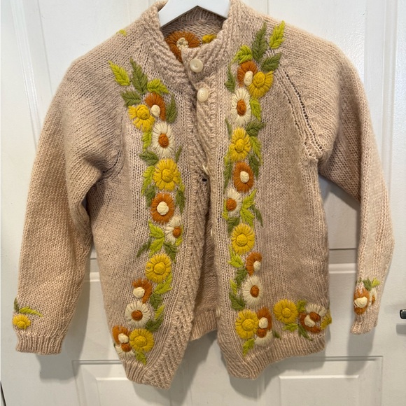 Vintage Sweaters - Vintage wool embroidered floral cardigan sweater small